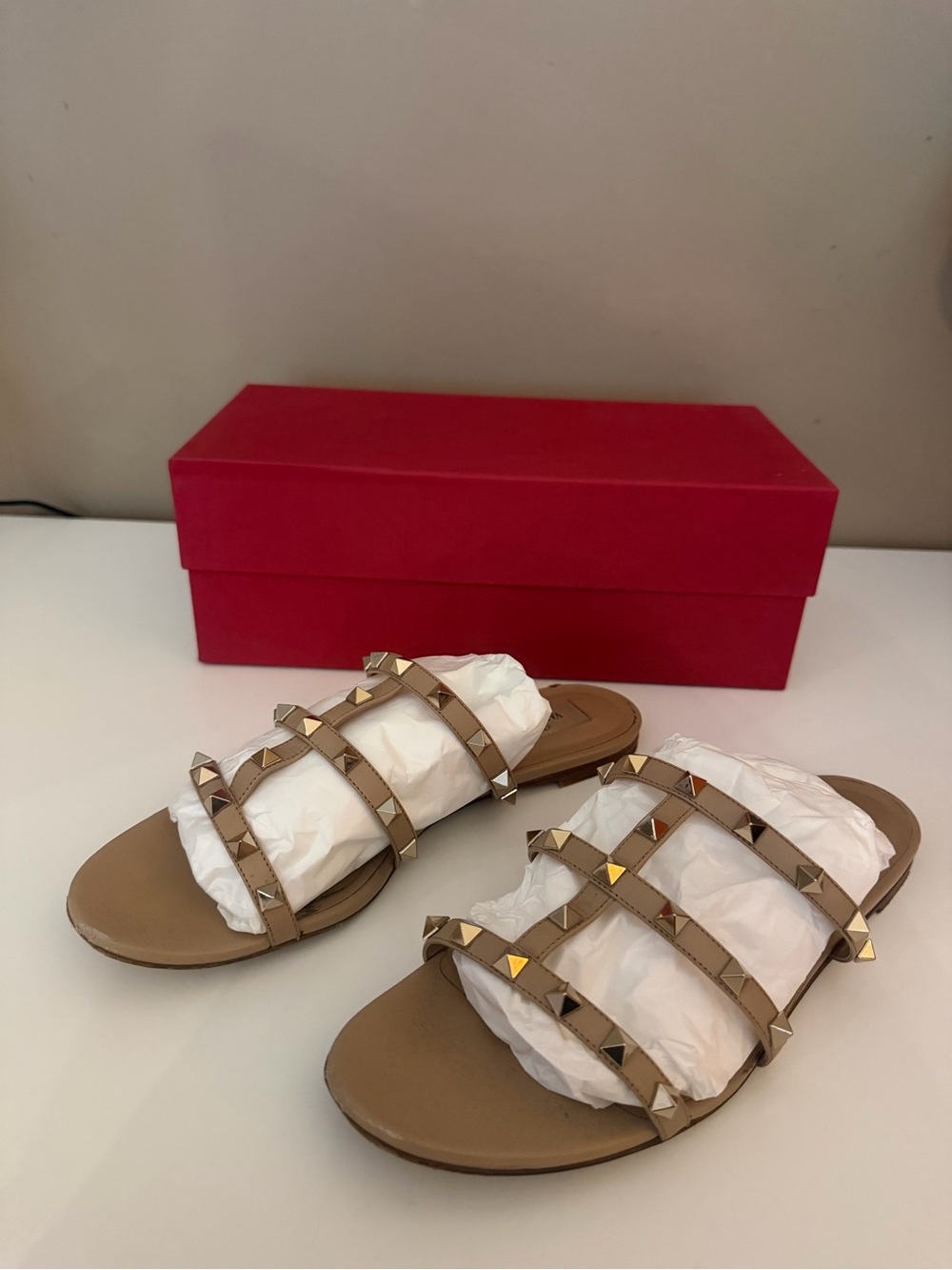 Valentino Beige Studded Triple-Strap Slide Sandals